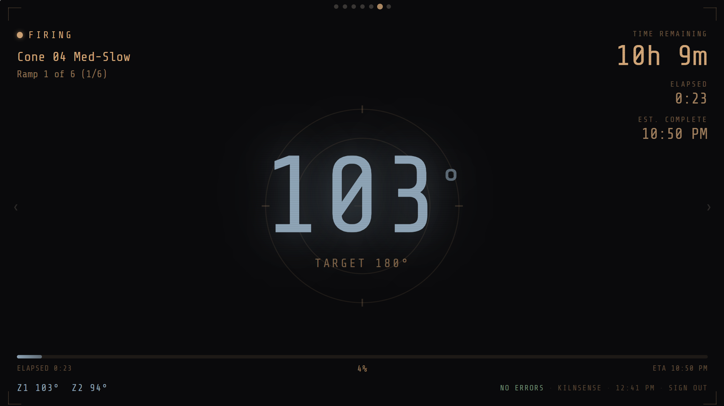 KilnSense heads-up display showing 103° with target 180° and time remaining